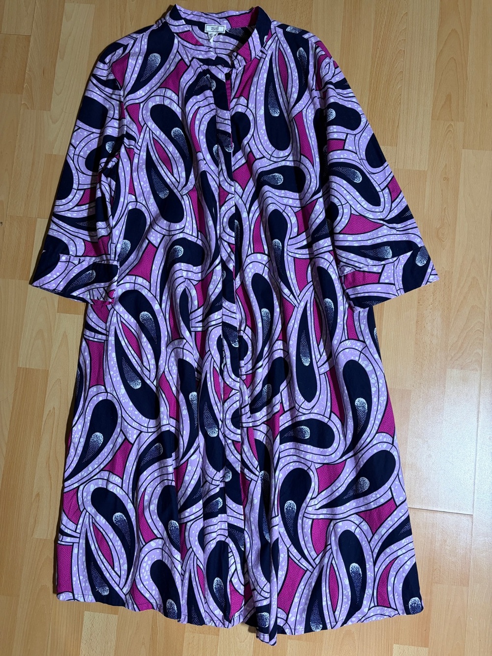 Zuri Midi Dress Long in‎ Pink and Black Swirl Print 2X Handmade